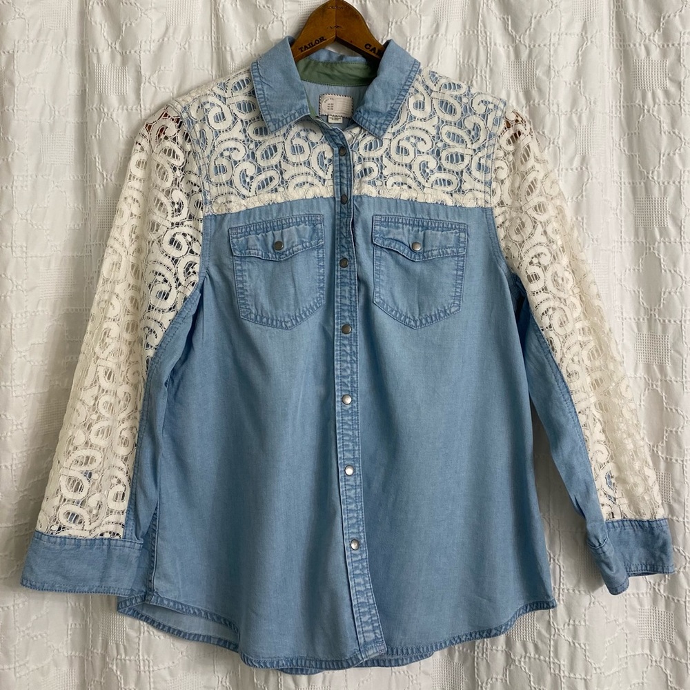 Anthropologie Lace + Chambray Blouse